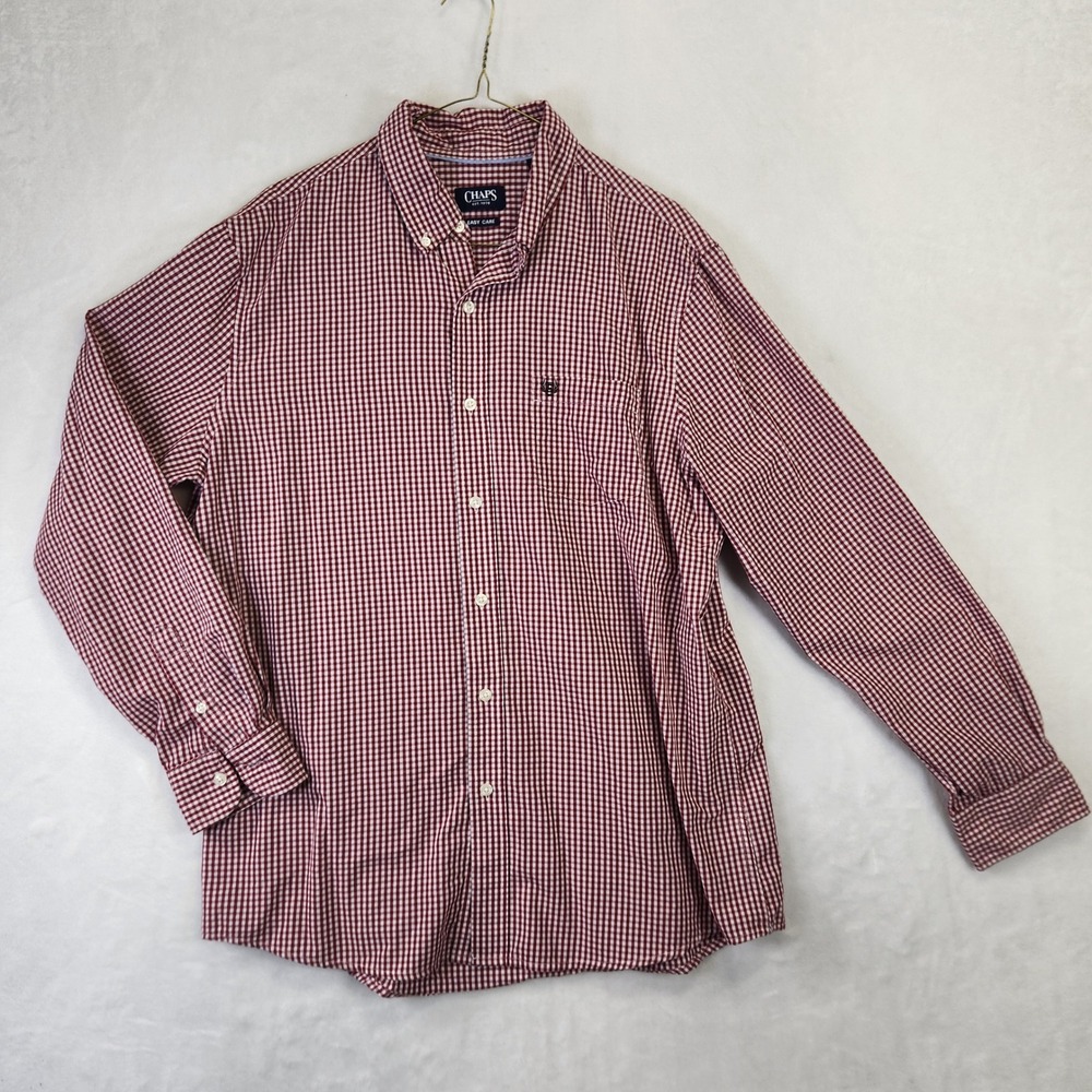 Chaps Mens Gingham Button Down Shirt Red White Easy Care Long Sleeve Size L G